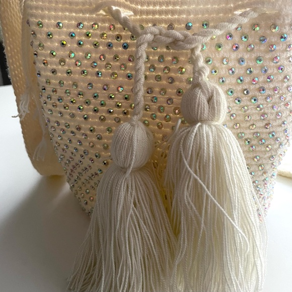 Artisan Boho Crochet Macrame Drawstring Ivory Bag with Tassels and Rhinestones - Picture 4 of 12
